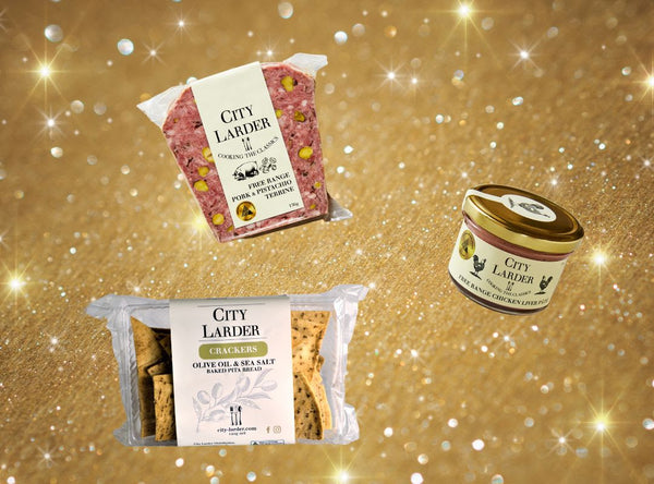 three food products on a gold sparkly background