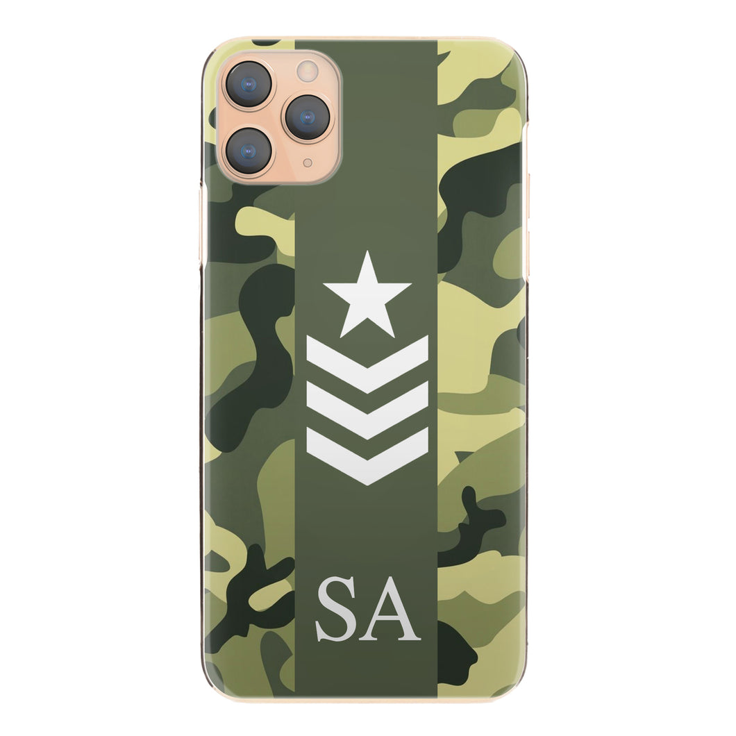 Personalised Sony Phone Hard Case with Initials and Army Rank on Classic Green Camo