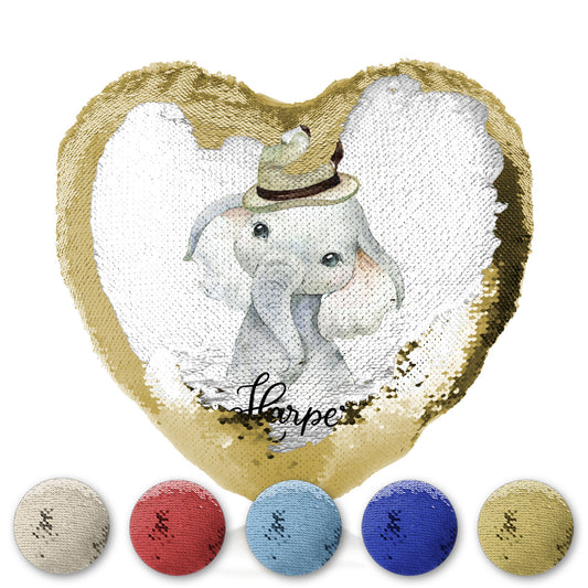 Personalised Sequin Heart Cushion with Grey Elephant Feather Hat and Cute Text