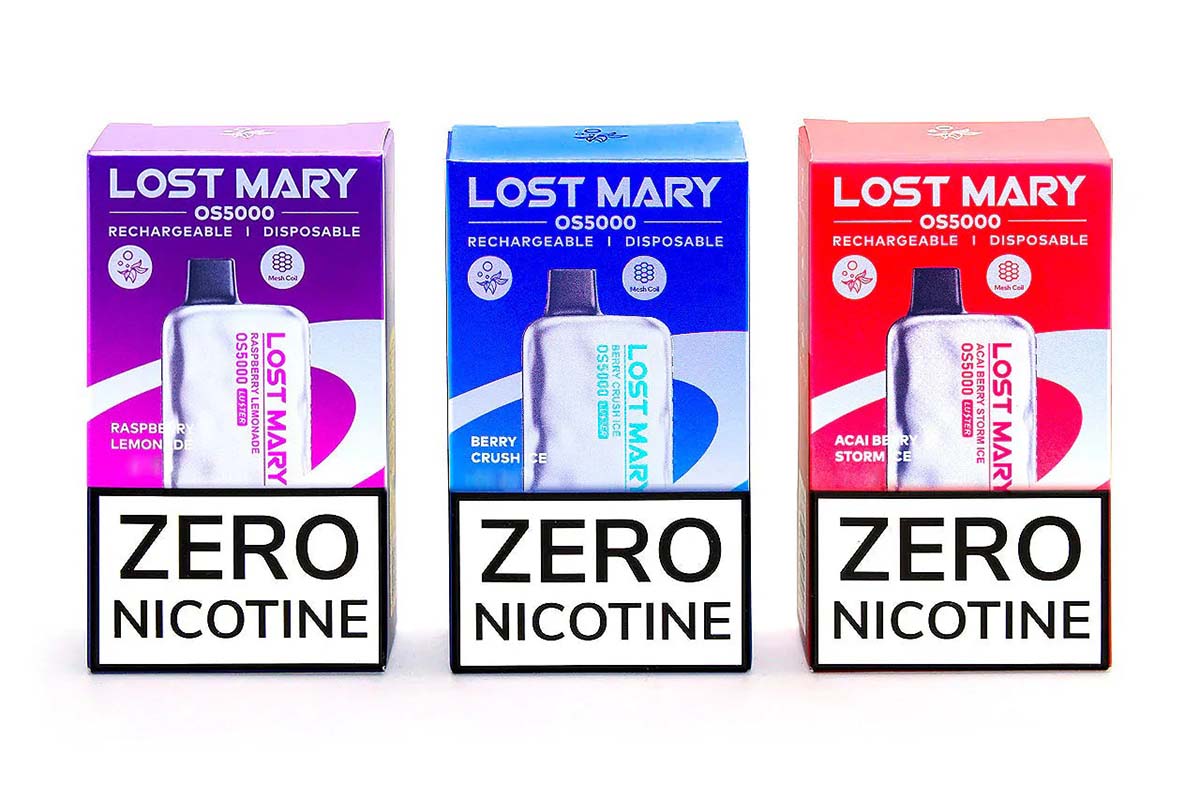 Different variants of LOST MARY OS5000 ZERO Nicotine Vape.