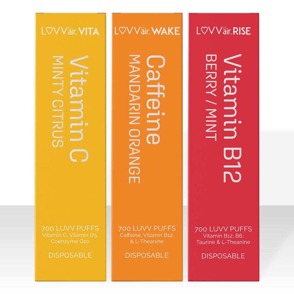 combo pack of Luvv Vapes with Vitamin C, Caffeine, and Vitamin B12 formulations