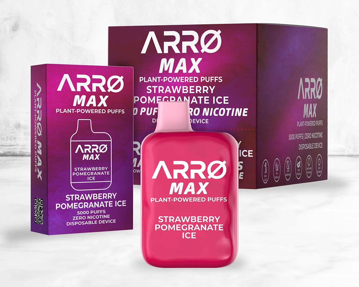 ARRØ Max vape in Strawberry Pomegranate Ice flavor with box packaging at the back