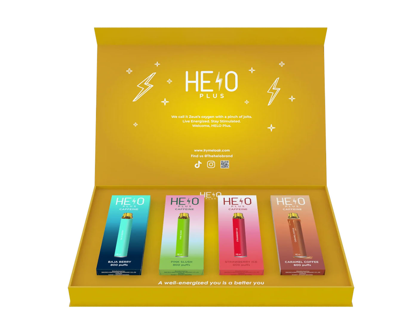 a set of HELO vapes in different fruity flavors