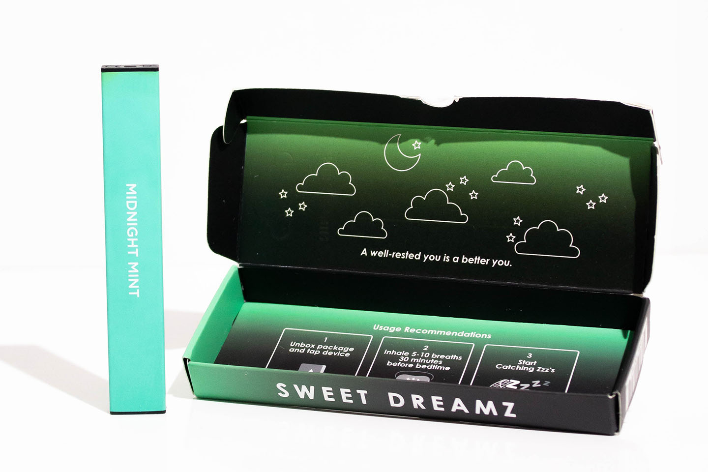 An opened box of MELO Air Melatonin Diffuser in Midnight Mint flavor showing printed usage recommendations