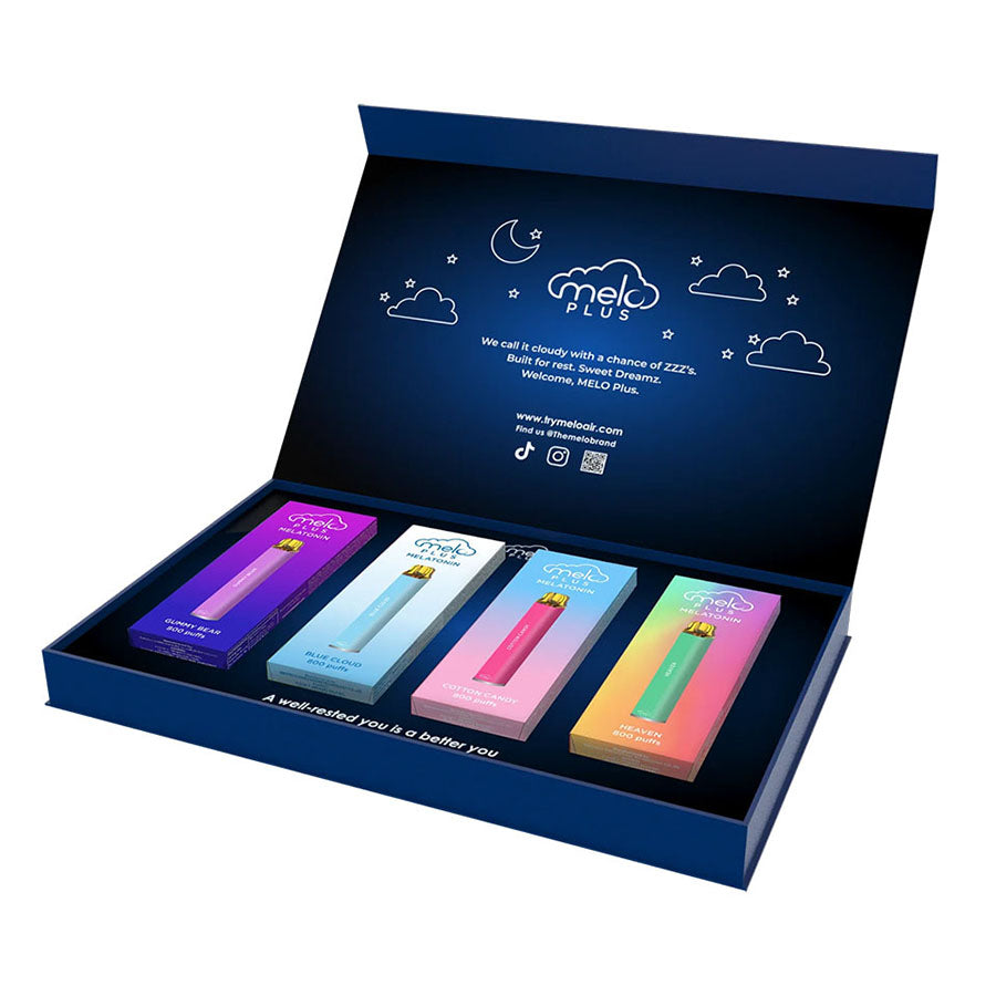 Several Melo Plus vapes in a blue box.