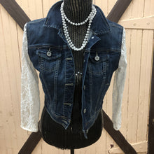 Load image into Gallery viewer, dark crisp denim jacket + lace sleeves
