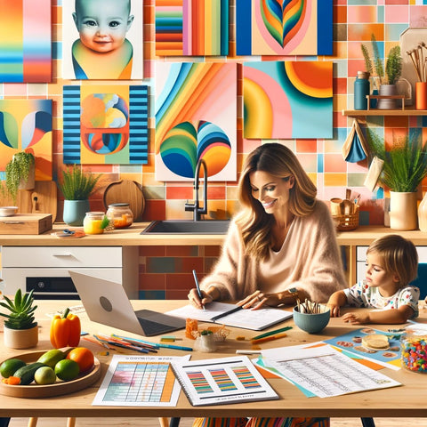 Mom in brightly colored home working with child beside her