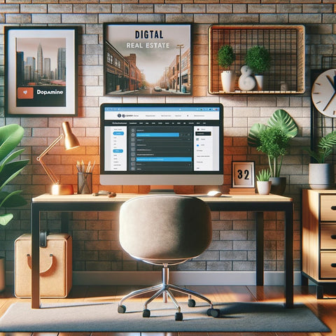 A computer desktop with a rt on the walls that says digital real estate.