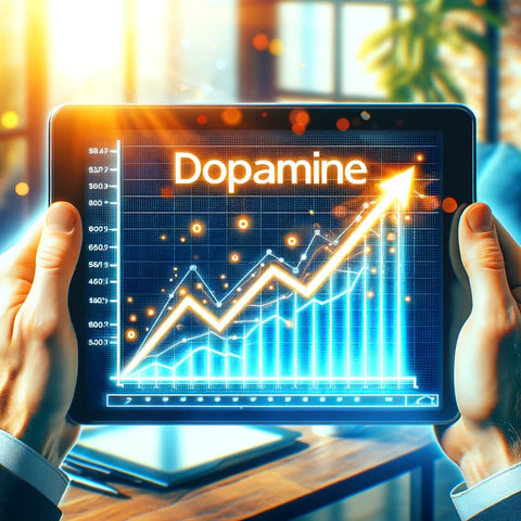 A tablet showing a graph ascending to higher stats with the word dopamine illuminated above.