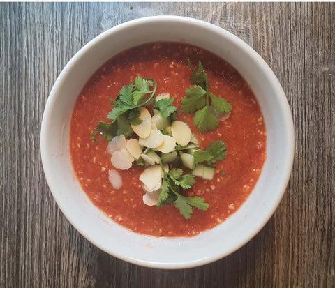 Chiptle gazpacho with almonds and avocado salsa