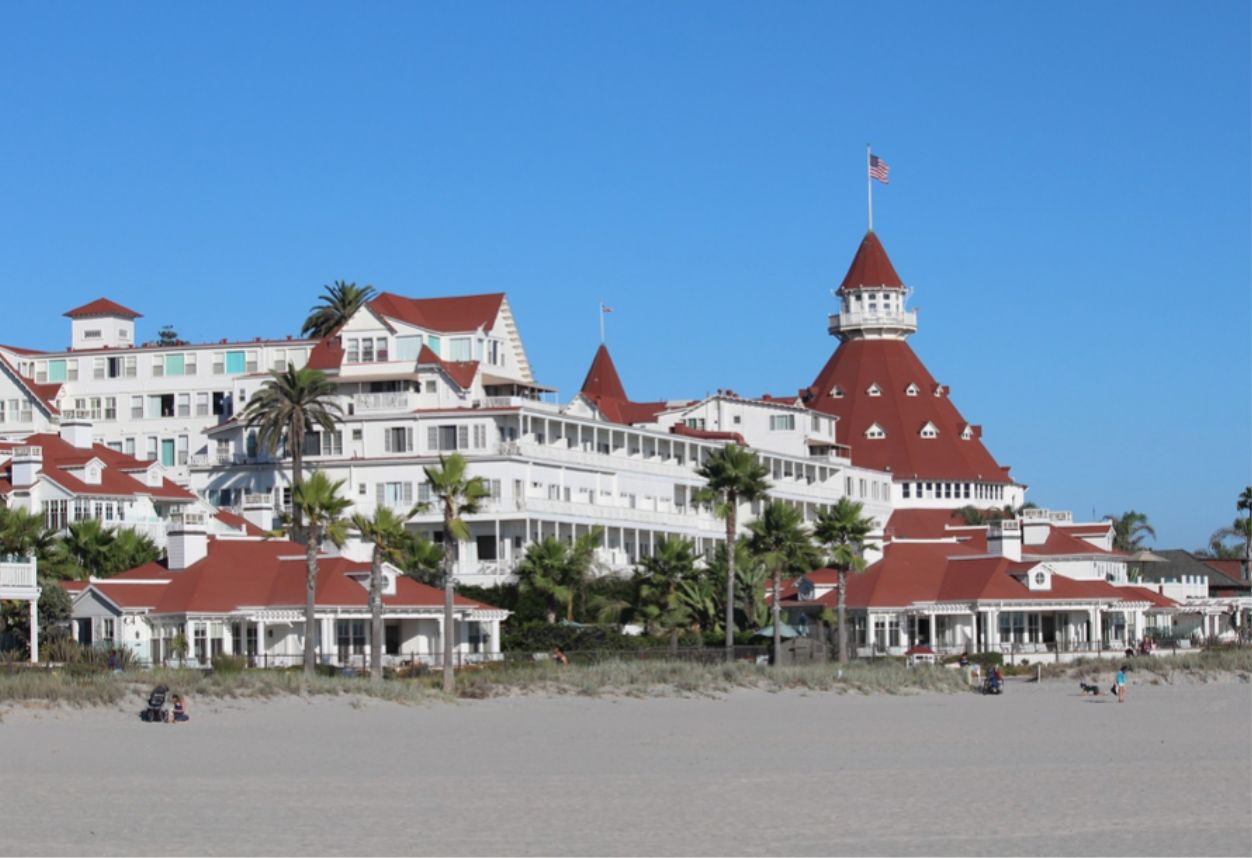 Large overview of the Hotel Del Coronado with sand, sky and the hotel.