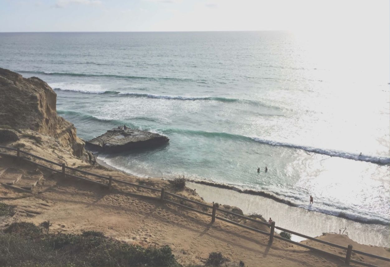 The coastline of California with blue waves crashing onto the San Diego sandy cliffs in San Diego