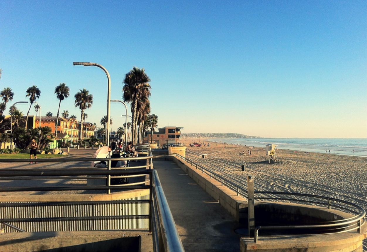 the sidewalk/boardwalk with sandy beach and sunny skies and palm trees