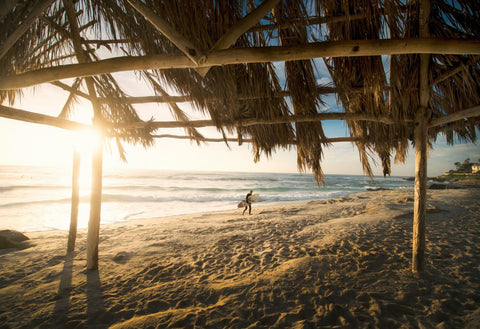 A surfer about to go on a surf lesson in La Jolla California in golden hour