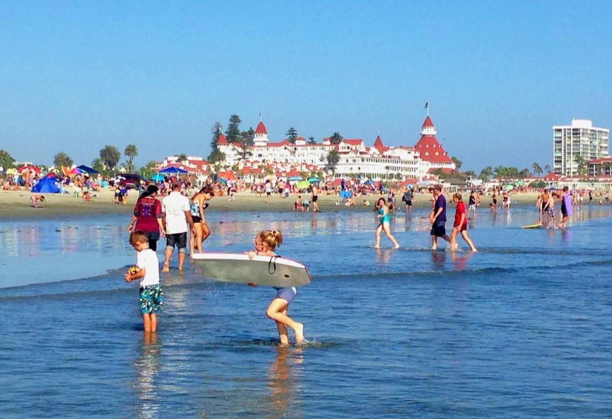 Kids playing with one another in the beaches of California, Hotel Del Coronado