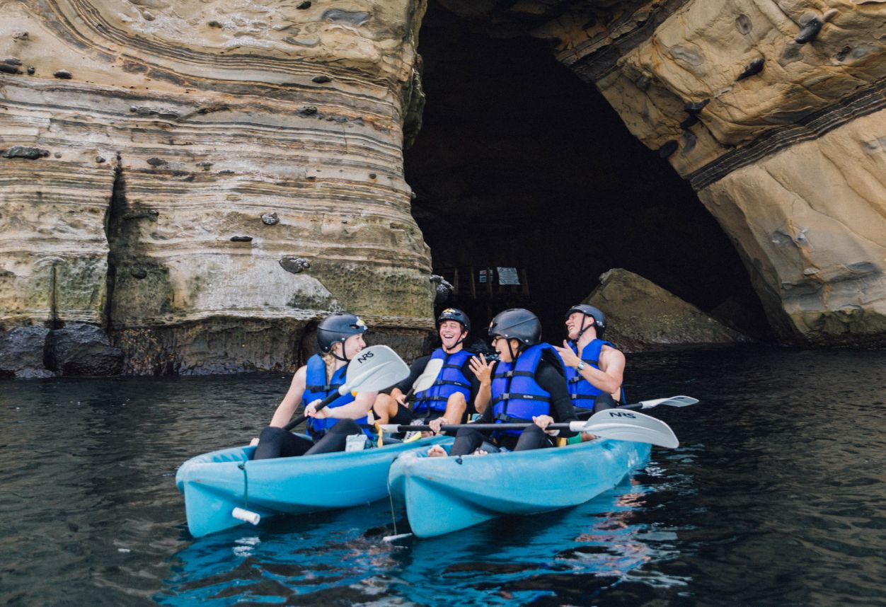 a group of four kayaker on a kayak tour with everyday California in La Jolla San Diego