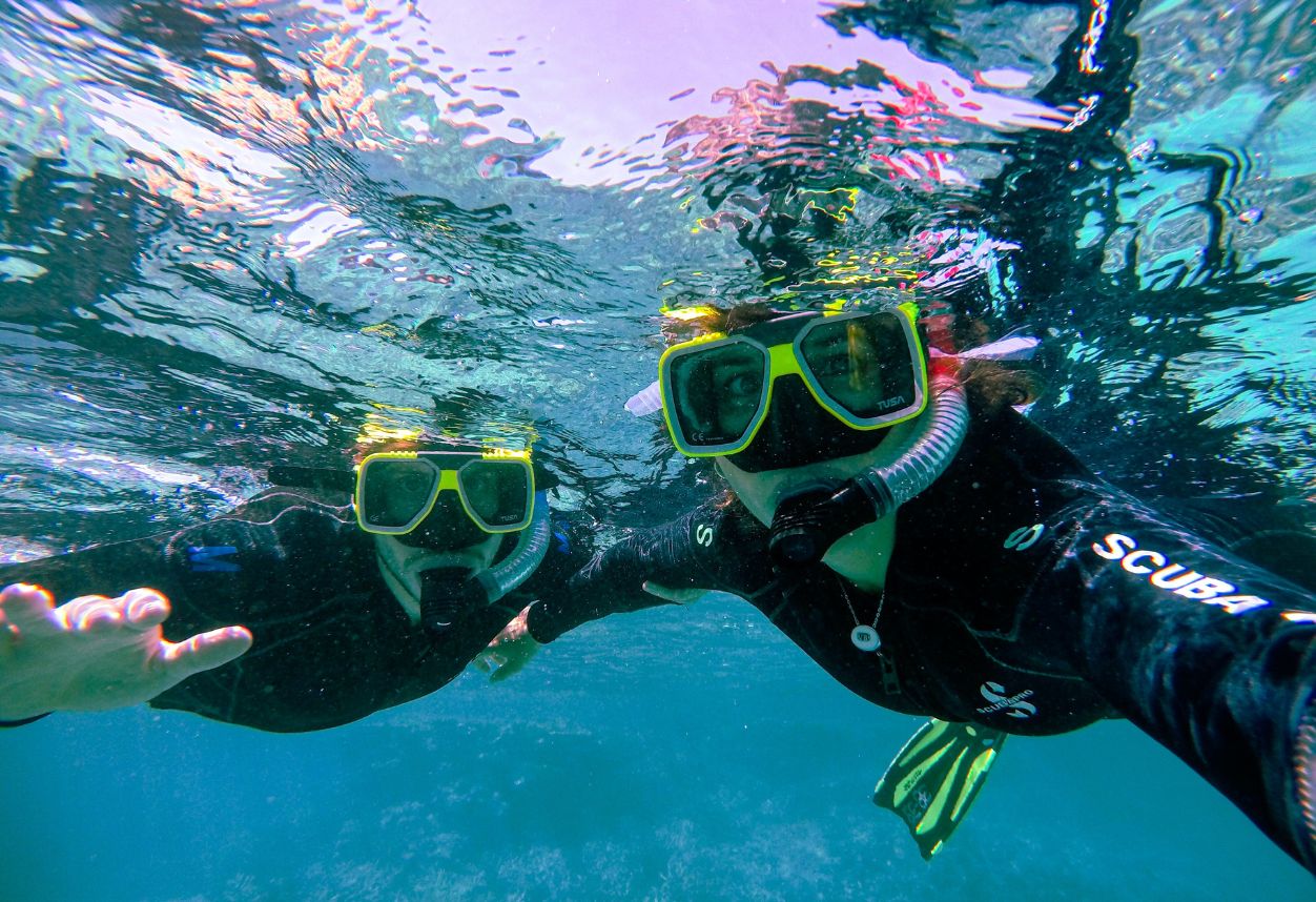 two snorkelers with everyday California going on a guided snorkel tour for sea lions
