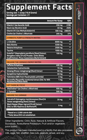 Image of the Carnage Advanced Pre-Workout ingredient label.