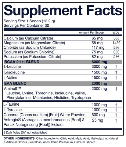 The ingredient label for Epic Aminos by NutriFitt.
