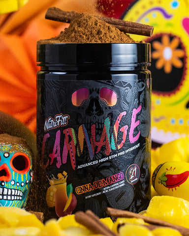 Image of Carnage Advanced Pre-Workout (Cinna de Mango flavor) from NutriFitt for improved workouts and reduced muscle soreness.