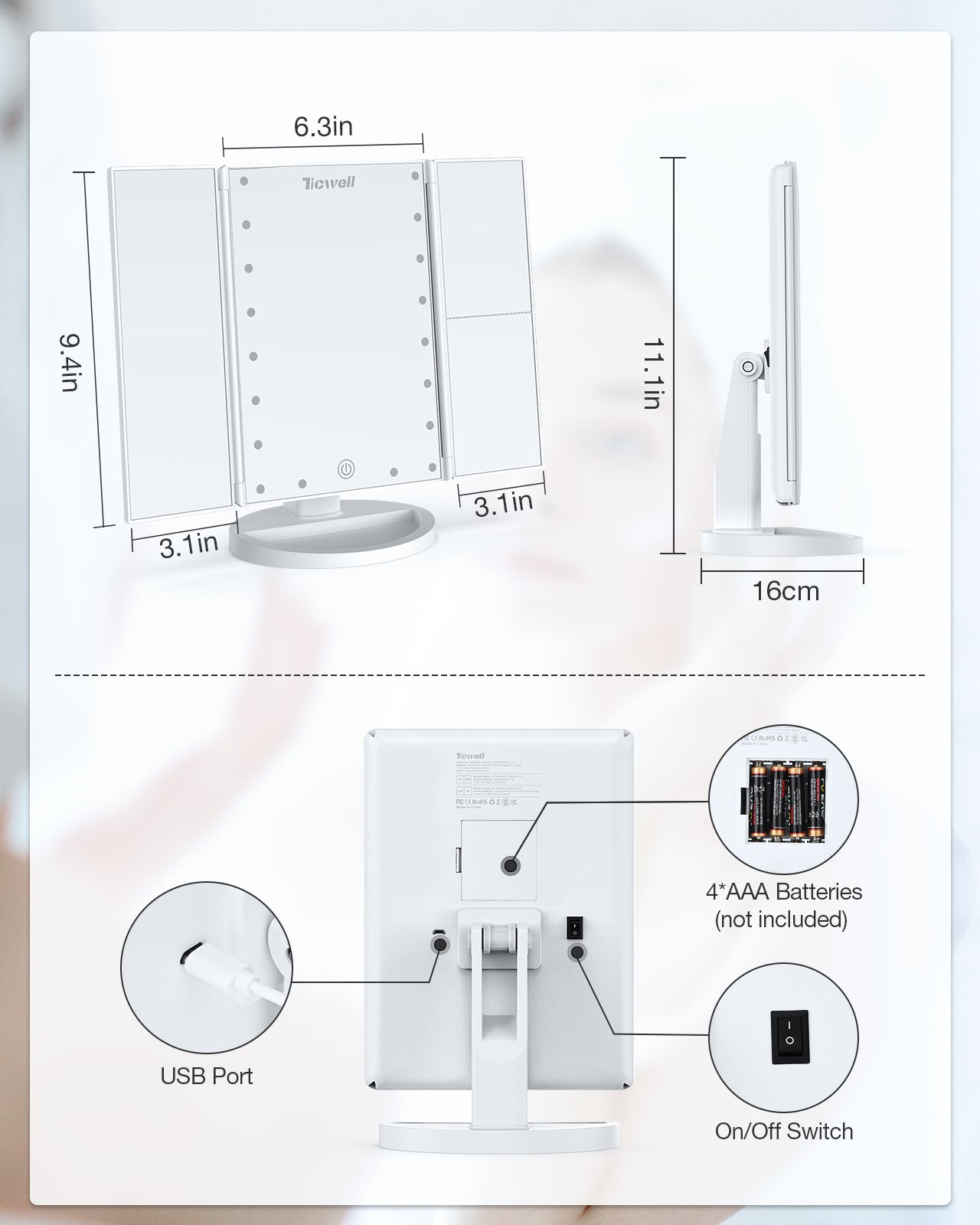 wondruz makeup vanity mirror with lights 1x 2x 3x magnification