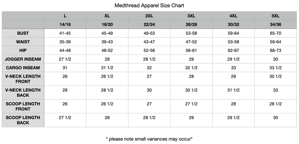 Size Chart – Medthread Apparel