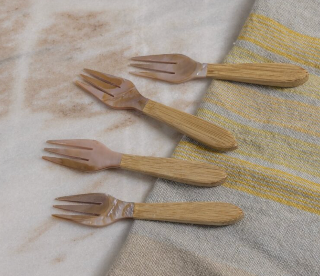Serin Shell & Bamboo Cocktail Forks: Set/4