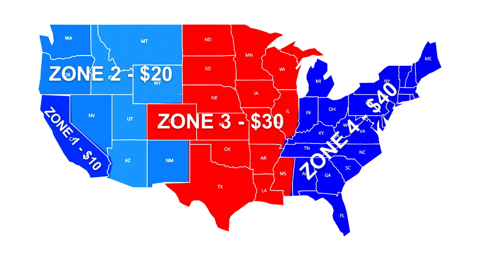 Zones Map and Shipping Rates: Zone 1: California $10, Zone 2: West Coast $20, Zone 3: Central $30, Zone 4: East Coast $40