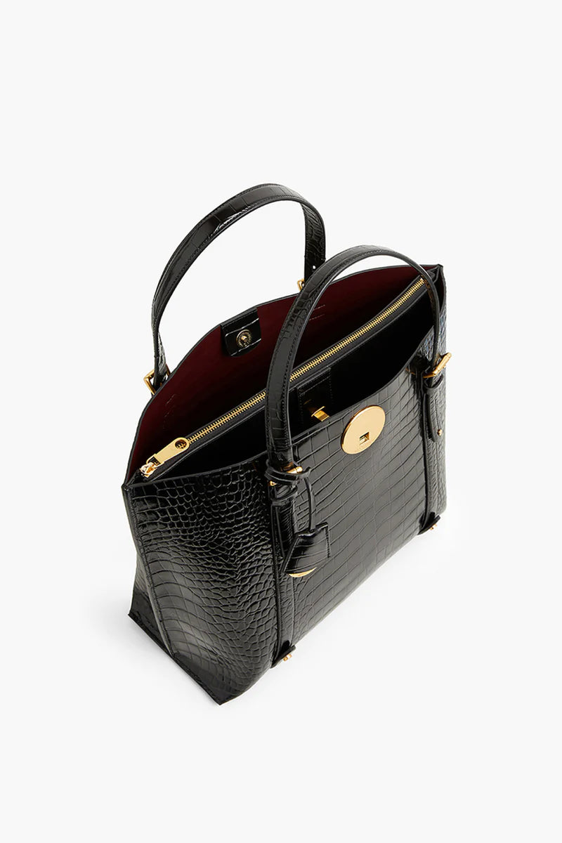 Alexis Leather Croc Grab Tote Bag in Black (side view)