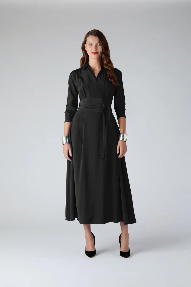 Celia silk full skirt shirt dress in black