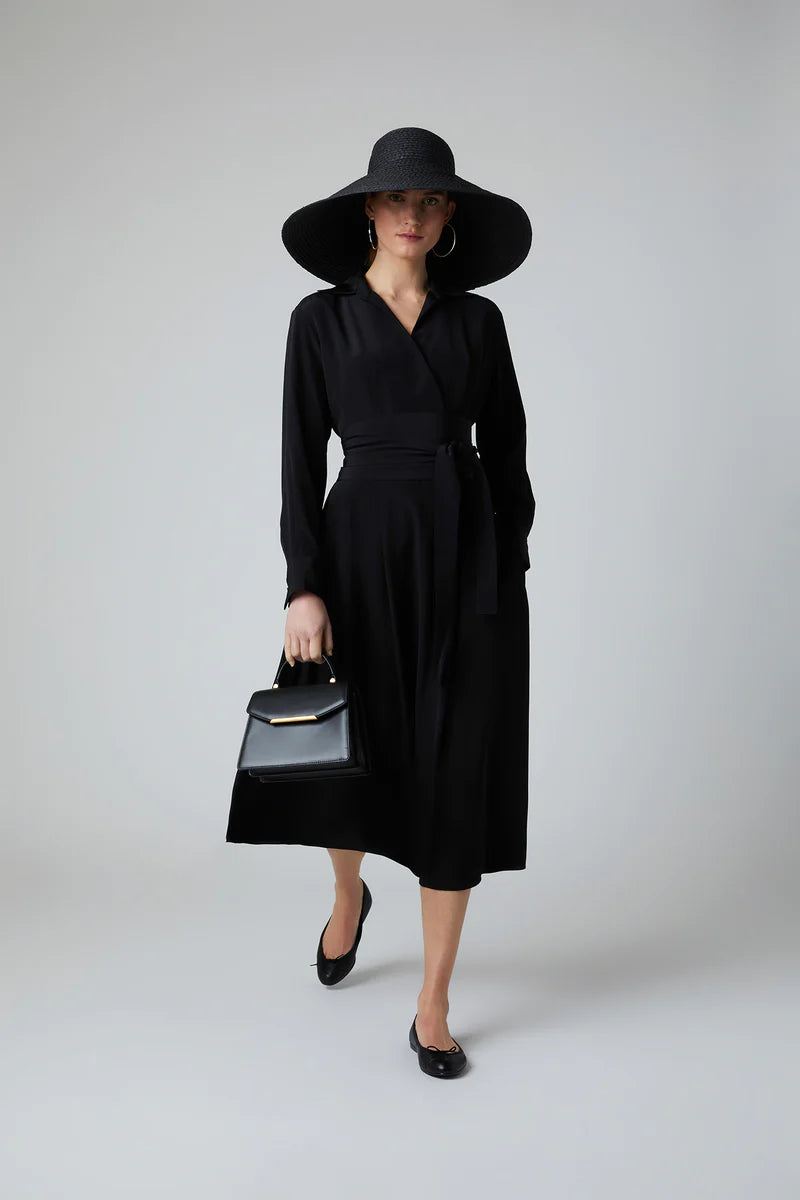 Celia Silk Full Skirt Shirt Dress in Black