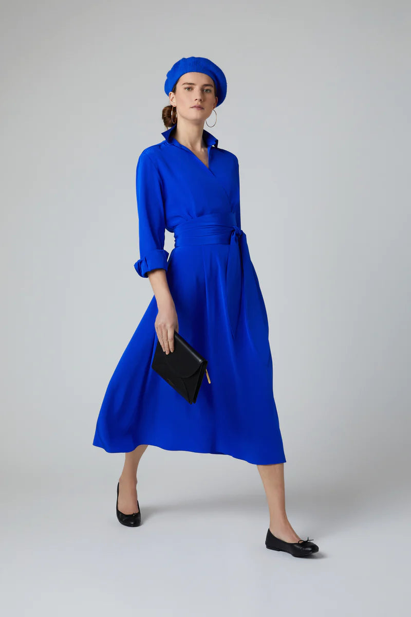 Celia Silk Full Skirt Shirt Dress in Blue