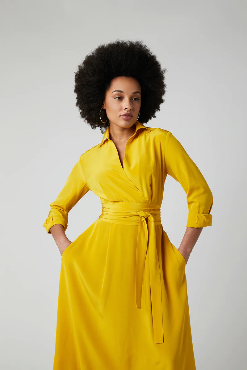 Celia Silk Full Skirt Shirt Dress in Mustard