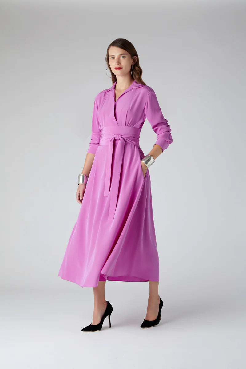 Celia Silk Full Skirt Shirt Dress in Pink