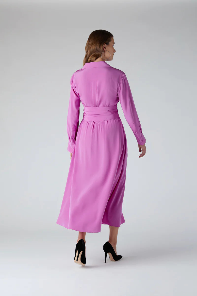 Celia Silk Full Skirt Shirt Dress in Pink