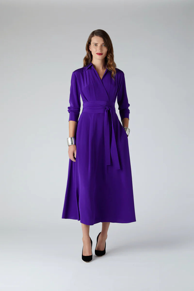 Celia silk full skirt shirt dress in purple