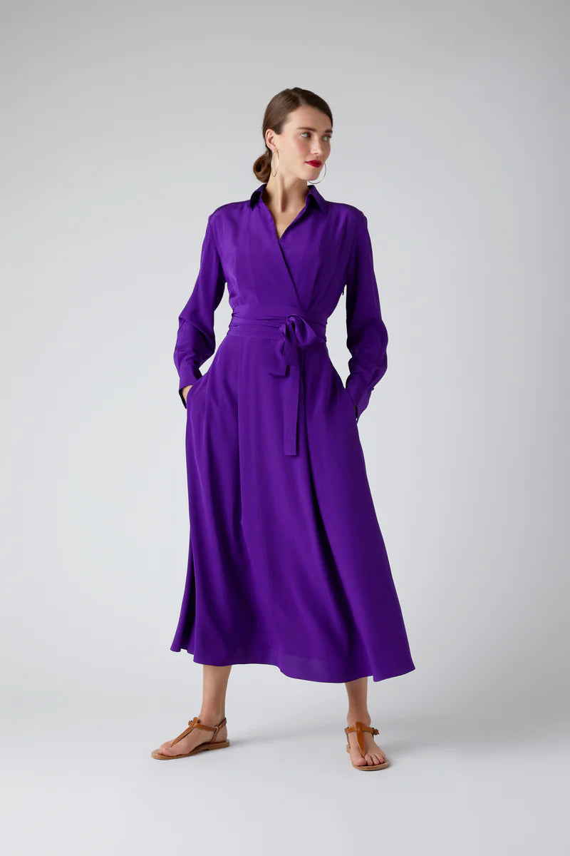 Celia Silk Full Skirt Shirt Dress in Purple
