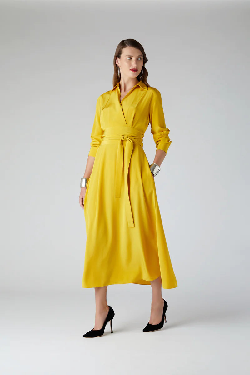 Celia Silk Full Skirt Shirt Dress in Yellow