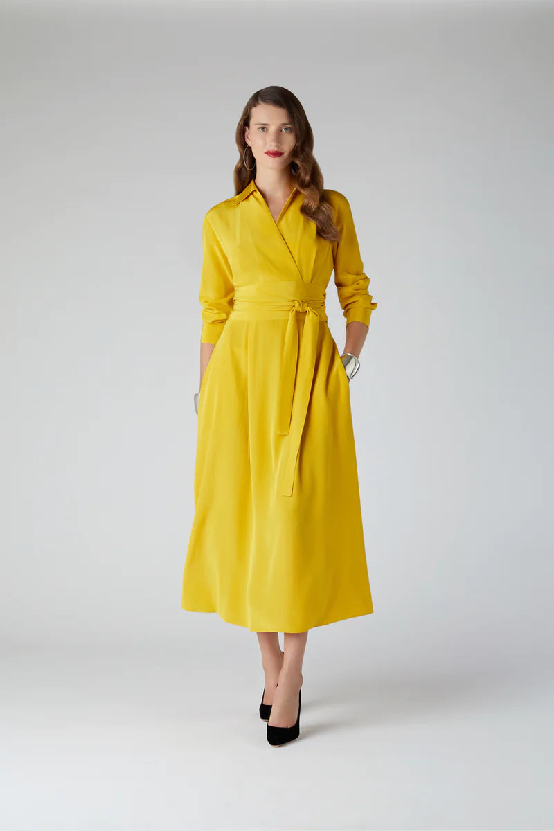 Celia Silk Full Skirt Shirt Dress in Yellow (Front View)