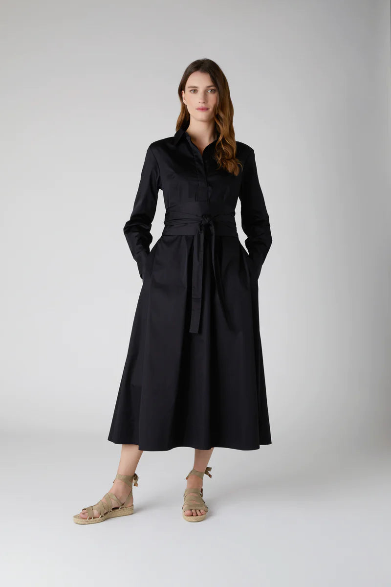 Clemence Collared A-Line dress With Obi Belt in Black