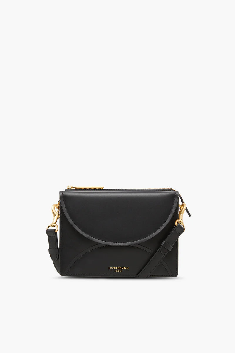 Darcey Leather Double Flap Cross Body Bag in Black