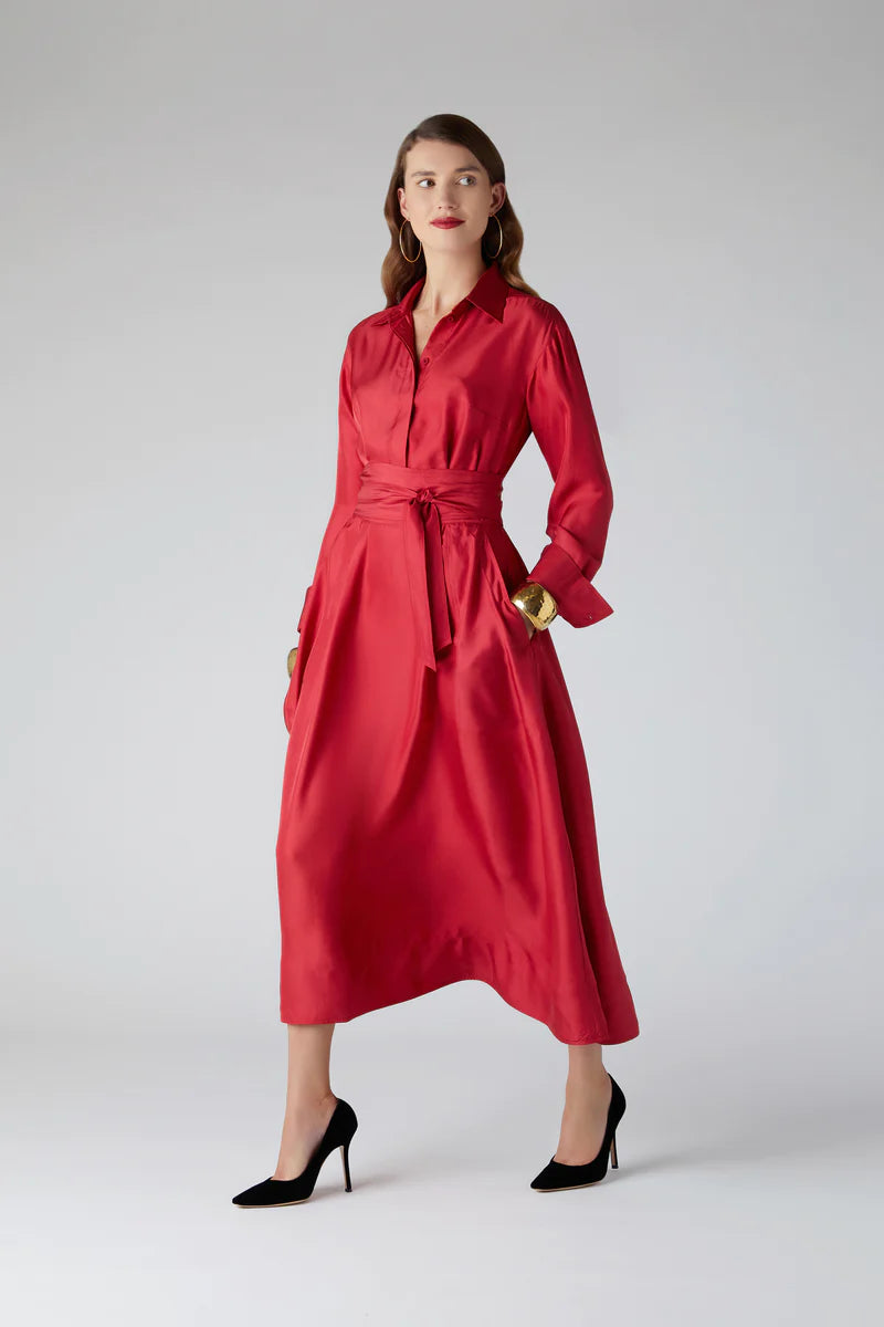 Edie silk full skirt shirt dress in red in Red