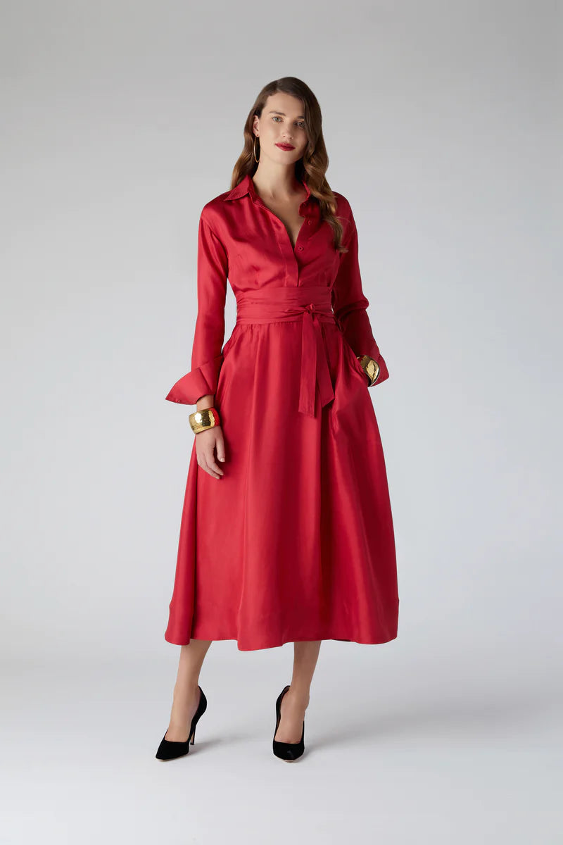 Edie silk full skirt shirt dress in Red