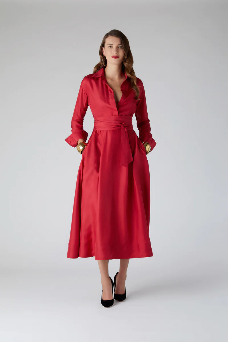 Edie Silk Full Skirt Shirt Dress in Red