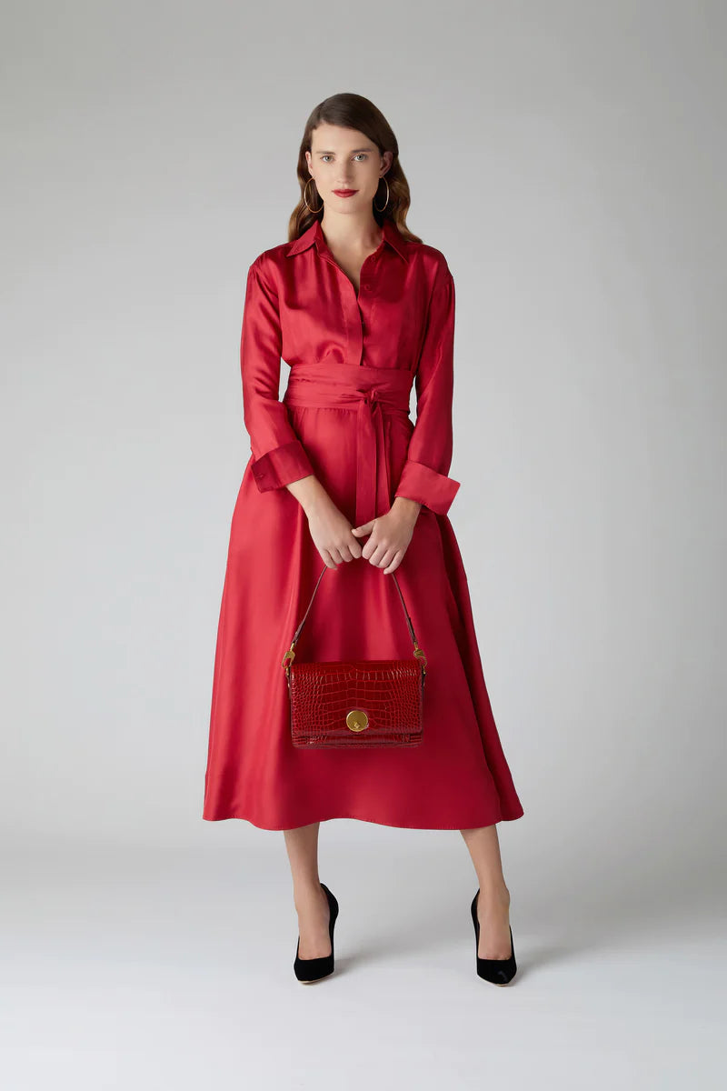 Edie designer evening dress in Red with Celia croc multi strap bag in red