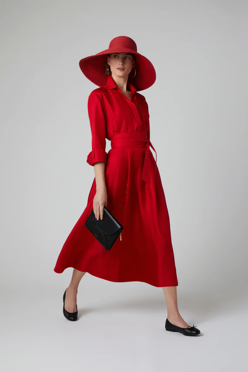 Edie Silk Full Skirt Shirt Dress in Red