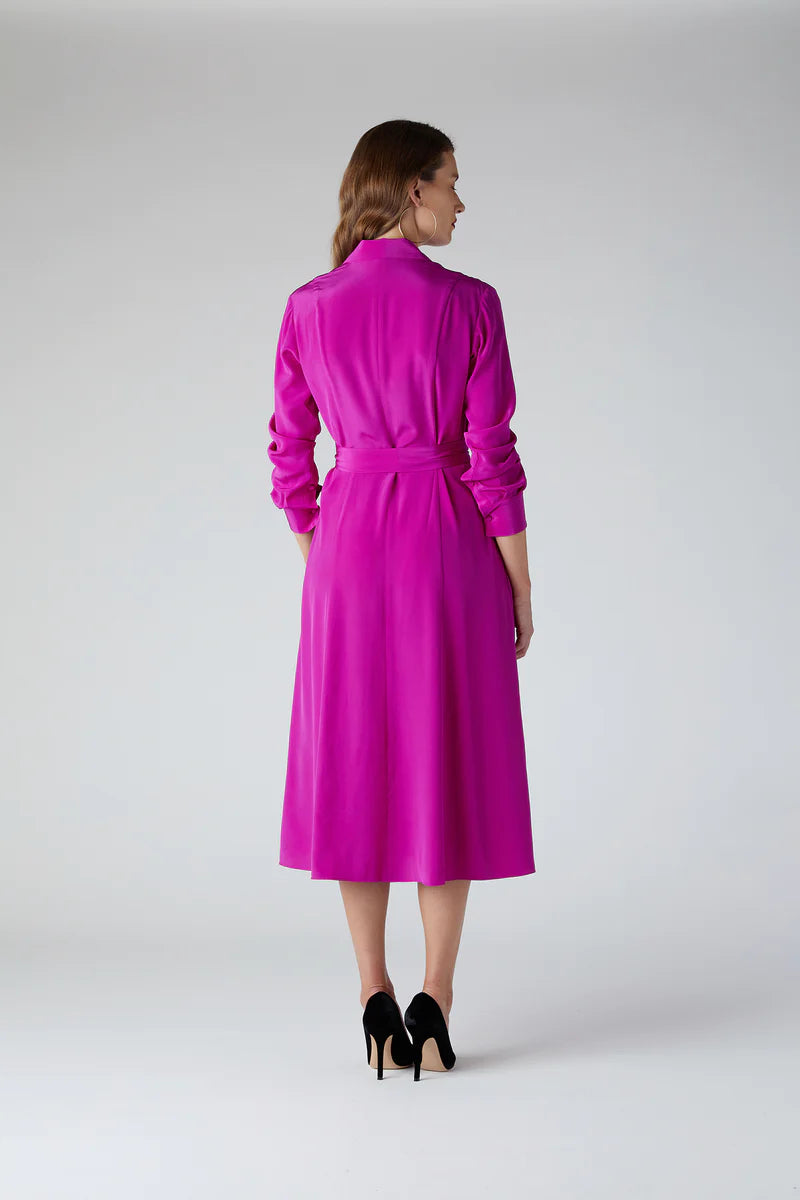 Eliza Silk V Neck Dress in Pink (back View)