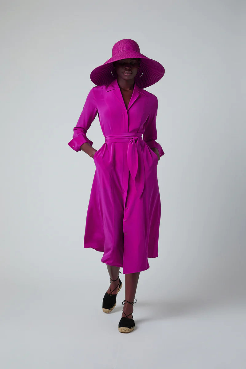 Eliza Silk V Neck Dress in Pink (with hat)