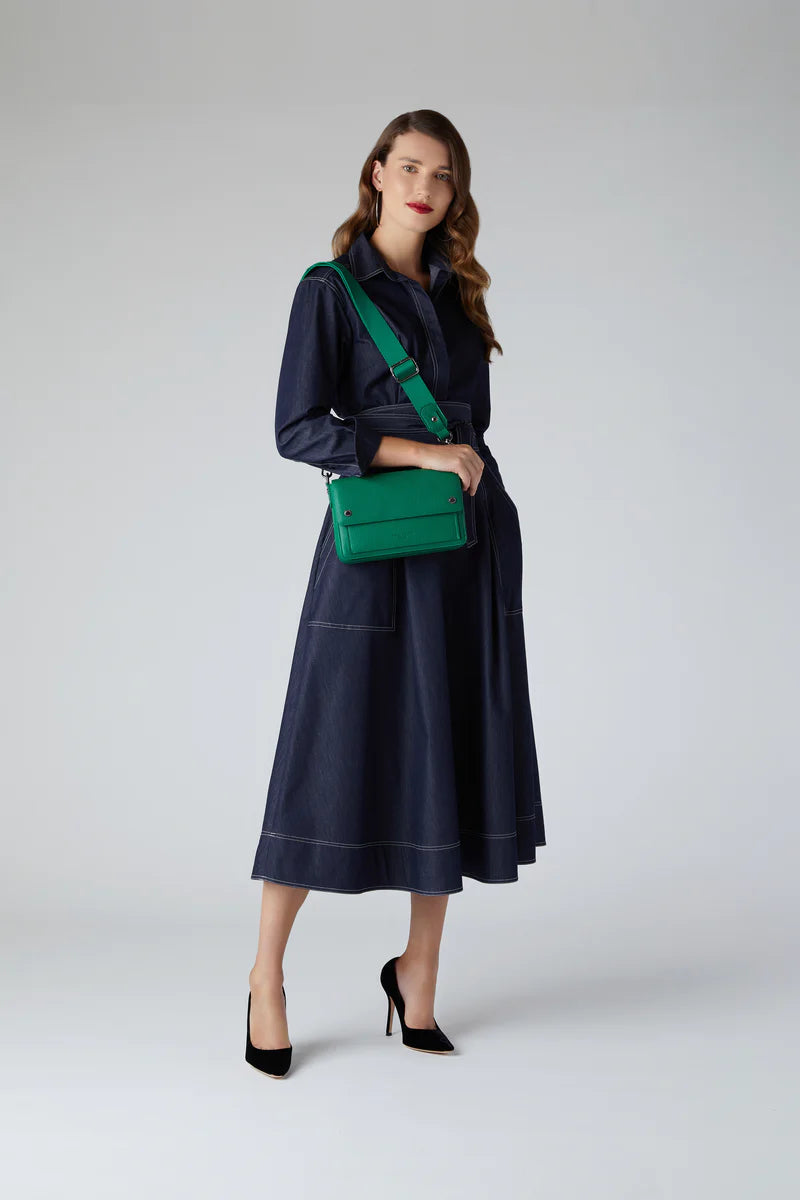 Ella Denim Full Skirt Shirt Dress with Green Dahlia camera bag