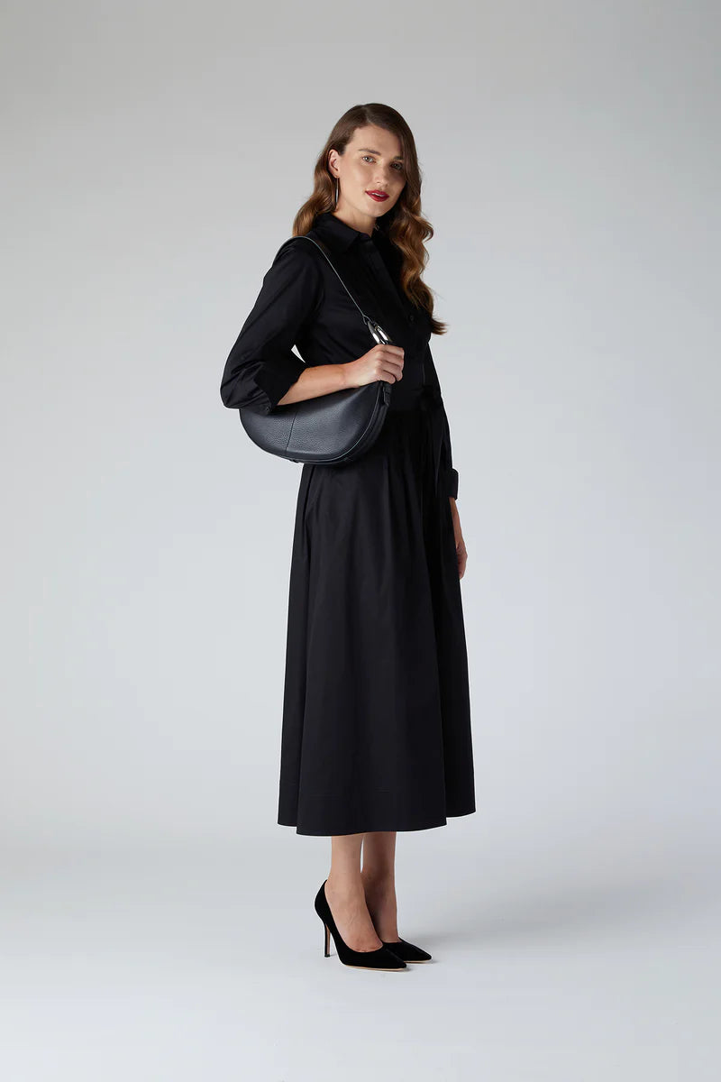 Black Emily pintuck full skirt shirt dress with Bee leather scoop shoulder bag